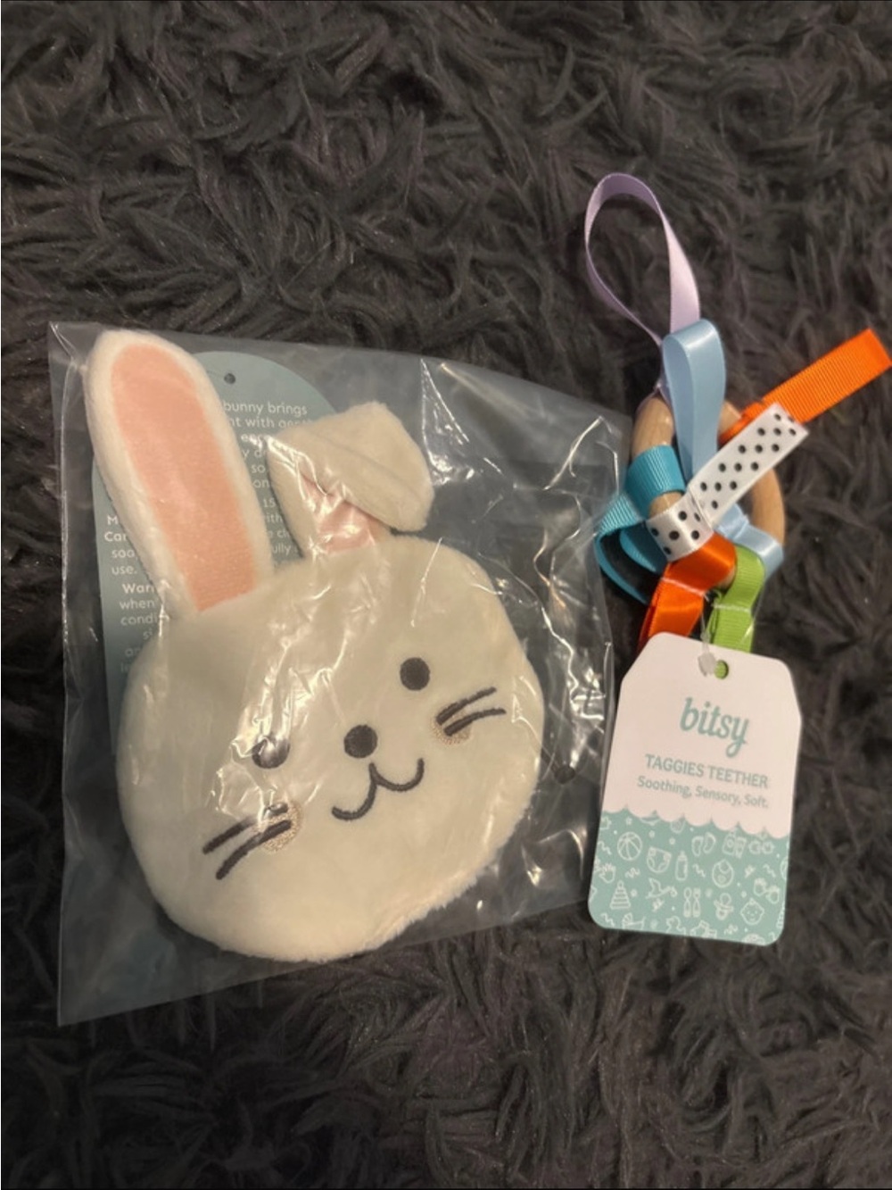 White Bunny velvet crinkle toy and Teething Toy with Colorful Ribbon Tags